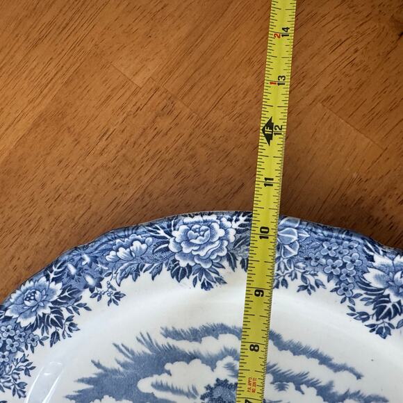 English Village Olde Staffordshire Blue Transferware Oval Serving Platter 10x12" - Picture 12 of 12